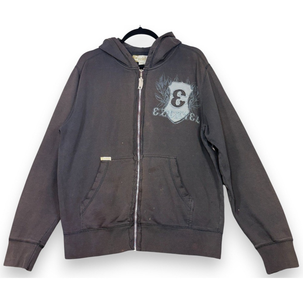 Vintage Y2K Ezekiel Hoodie Mens M Brown Crest Logo Full Zip Trashed Skate Surf
